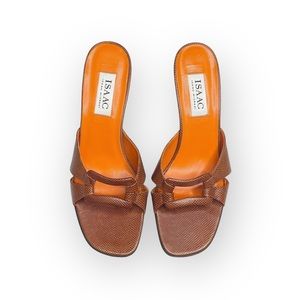 new Isaac Mizrahi ⌘ Open Vamp Lizard Kitten Heel Mule Sandals ⌘ Orange Brown 10